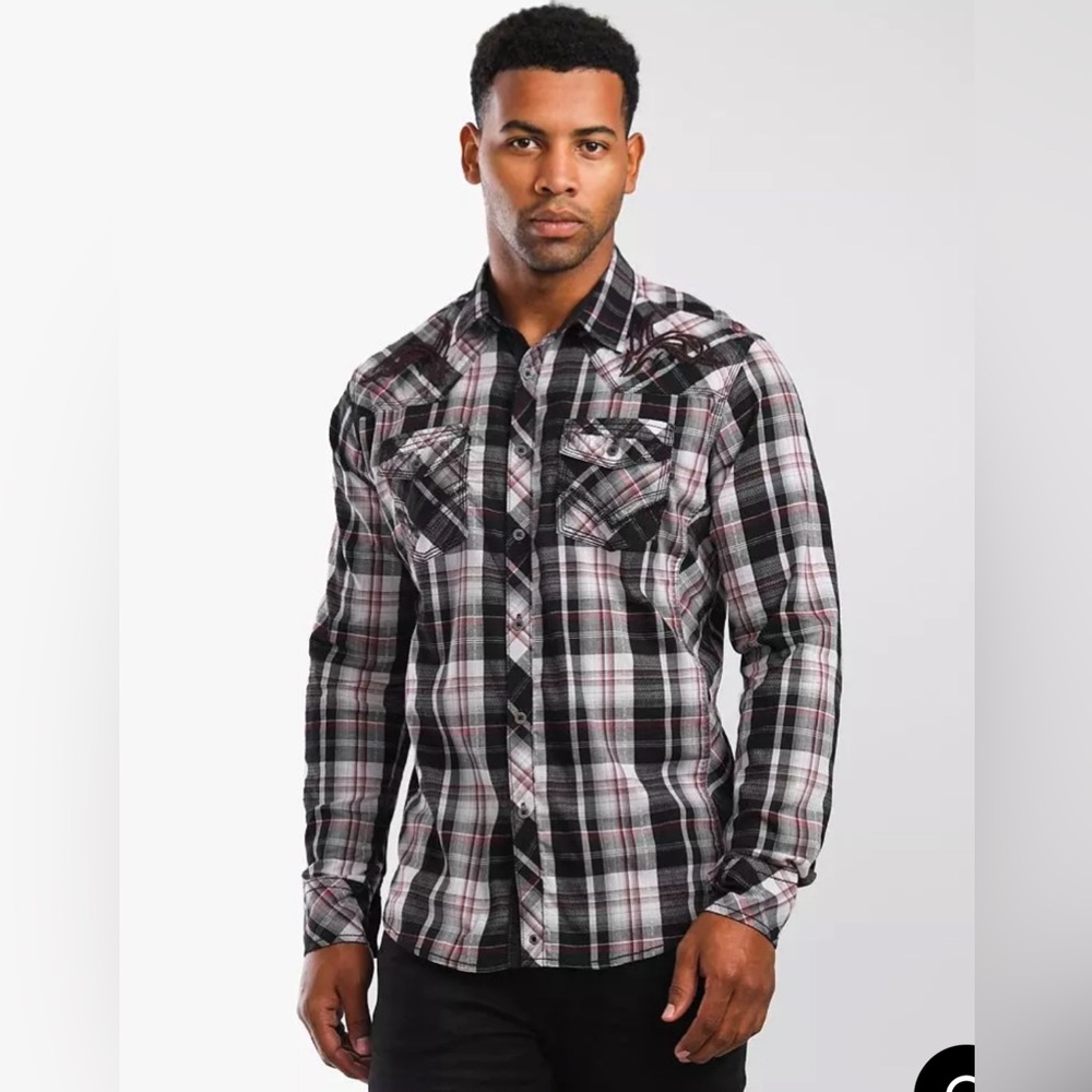 Buckle Black embroidered plaid button down shirt xxl